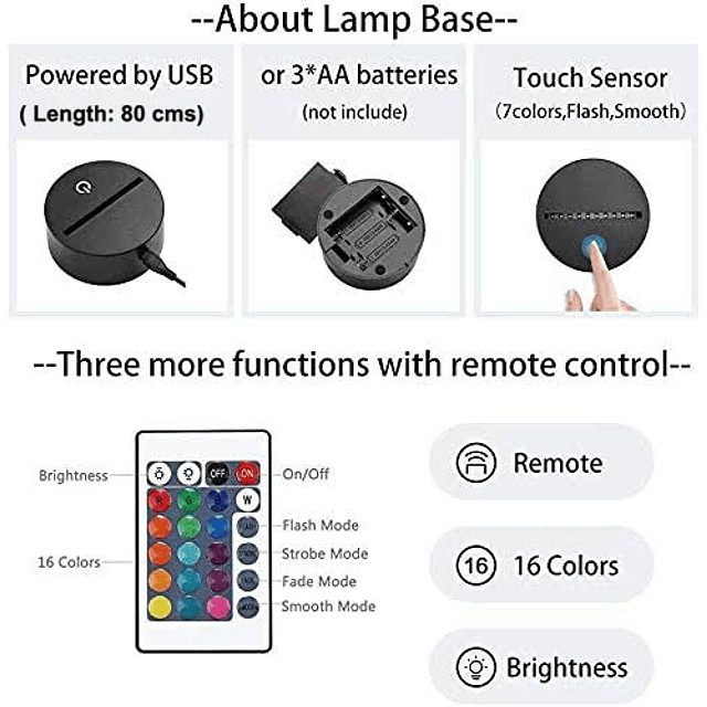 Lámparas led efecto 3d, PIKACHU, Pokemon, 7 Colores más combinaciones + control remoto incluido