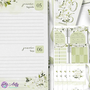 Combo 6 Agendas 2026 e Permanente Floral Rosas Brancas e Verdes