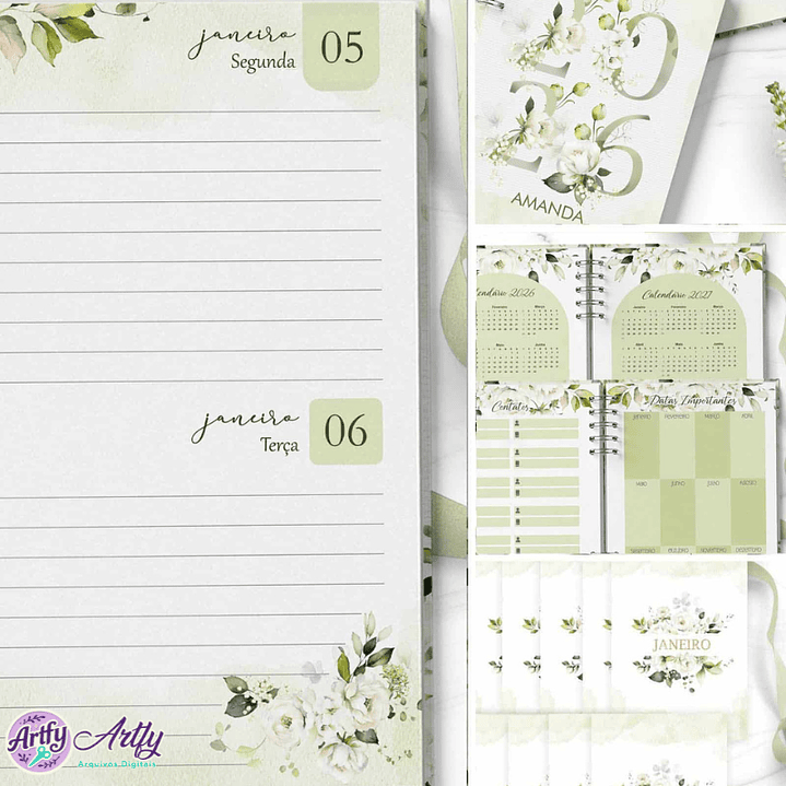 Combo 6 Agendas 2026 e Permanente Floral Rosas Brancas e Verdes