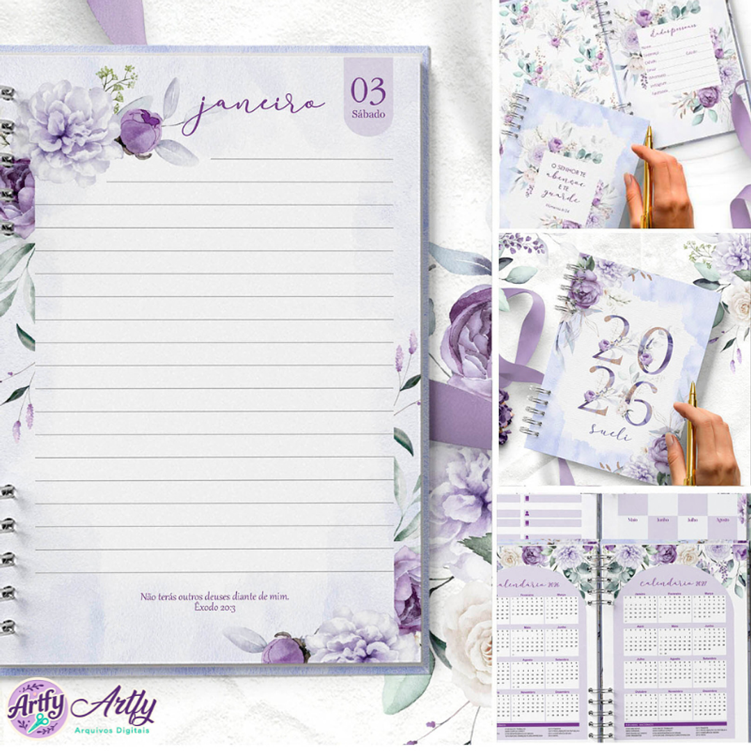 Combo 8 Agendas 2026 e Permanente com Versículos e sem Versículos Violeta 1