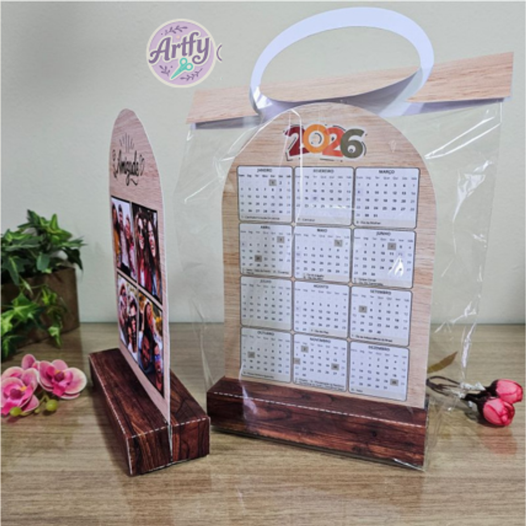 Porta fotos no estilo madeira com calendário 2026 1