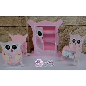 Kit 3 Mini Móveis Corujinha Rosa