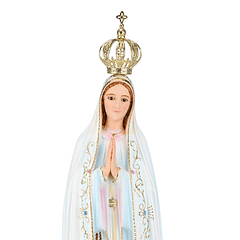 Imagen de Nuestra Señora de Fátima con ojos de cristal.