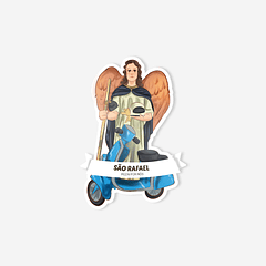 Catholic sticker of Saint Raphael with motorbike