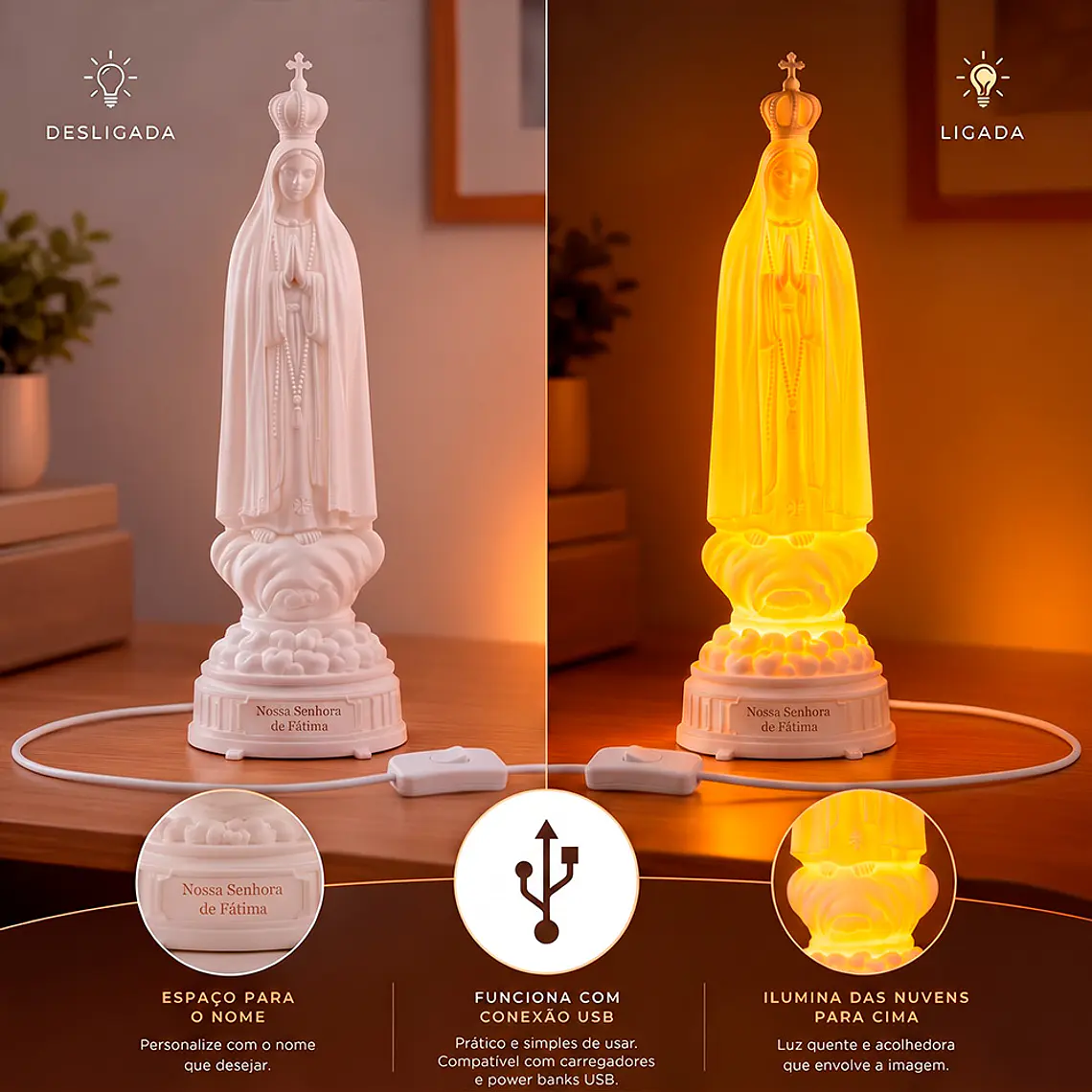 Nossa Senhora de Fátima Iluminada - Candeeiro LED USB 2