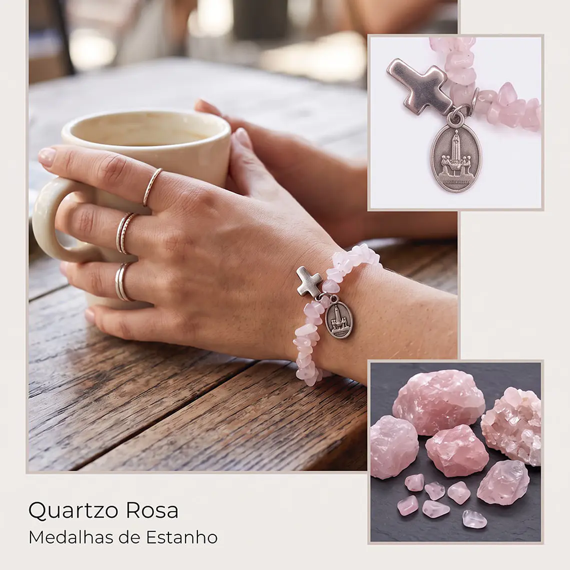 Pulseira católica de Quartzo Rosa natural 2