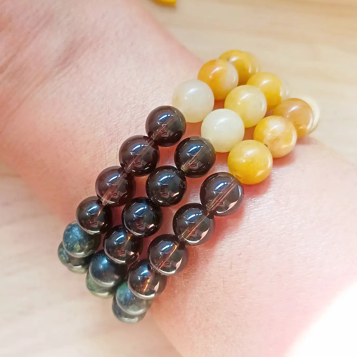 Pulseira com pedras de Quartzo Fumado, Jade Amarela e Calcite 3