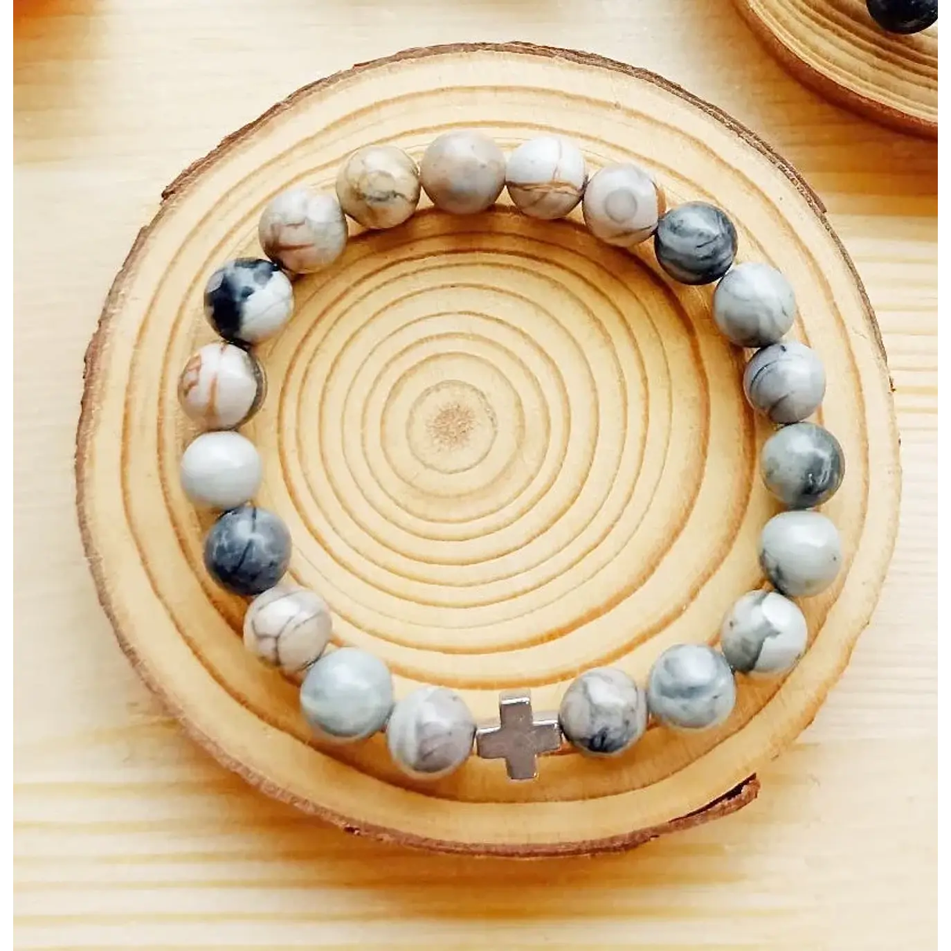 Pulseira com Jaspe Picasso e Cruz em Aço Inoxidável 1