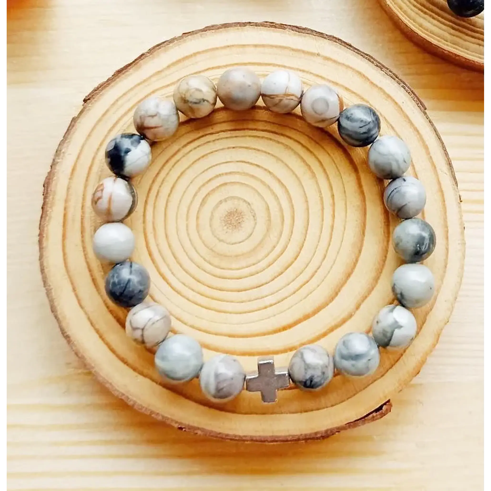 Pulseira com Jaspe Picasso e Cruz em Aço Inoxidável 1