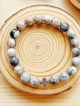Pulseira com Jaspe Picasso e Cruz em Aço Inoxidável