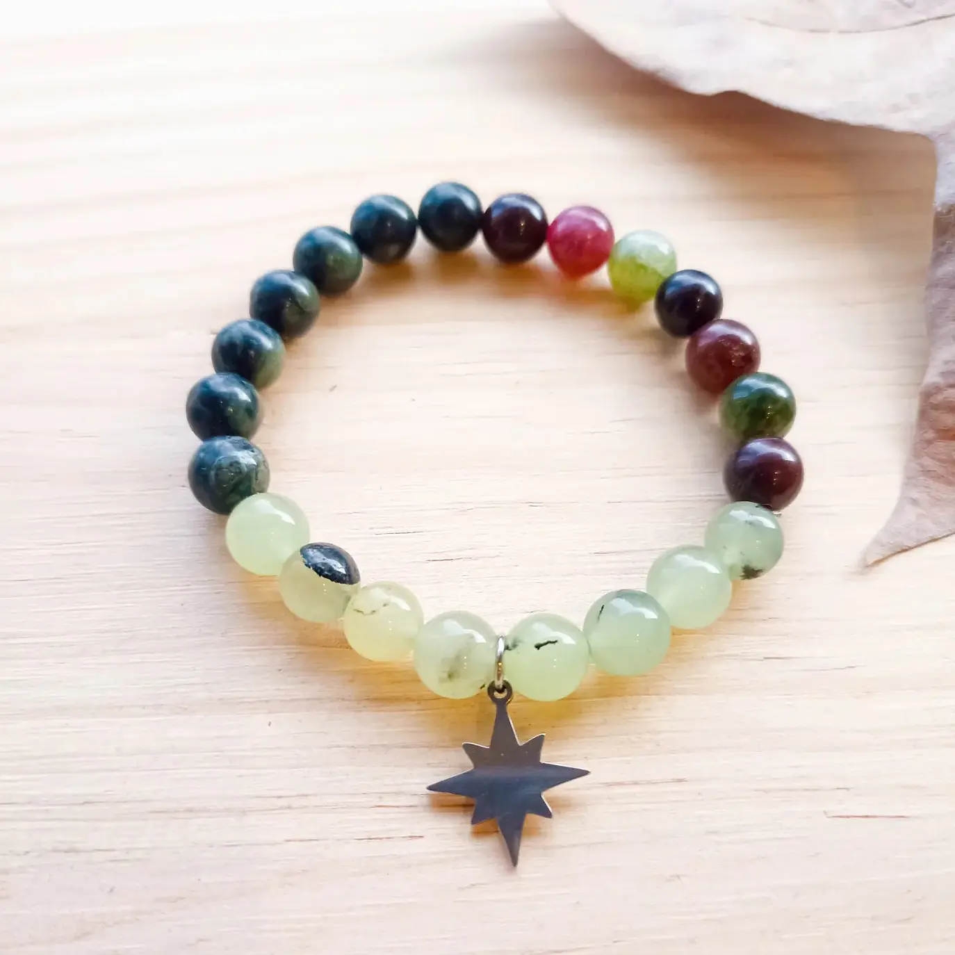 Pulseira de Turmalina Melancia, Jade Natural Tibetana e Prehnite 1