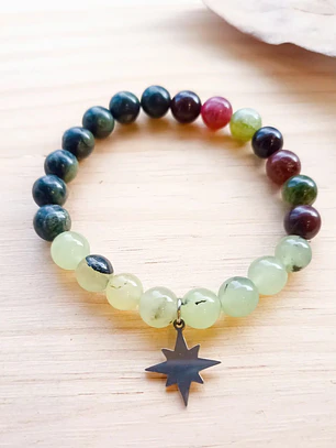 Pulseira de Turmalina Melancia, Jade Natural Tibetana e Prehnite