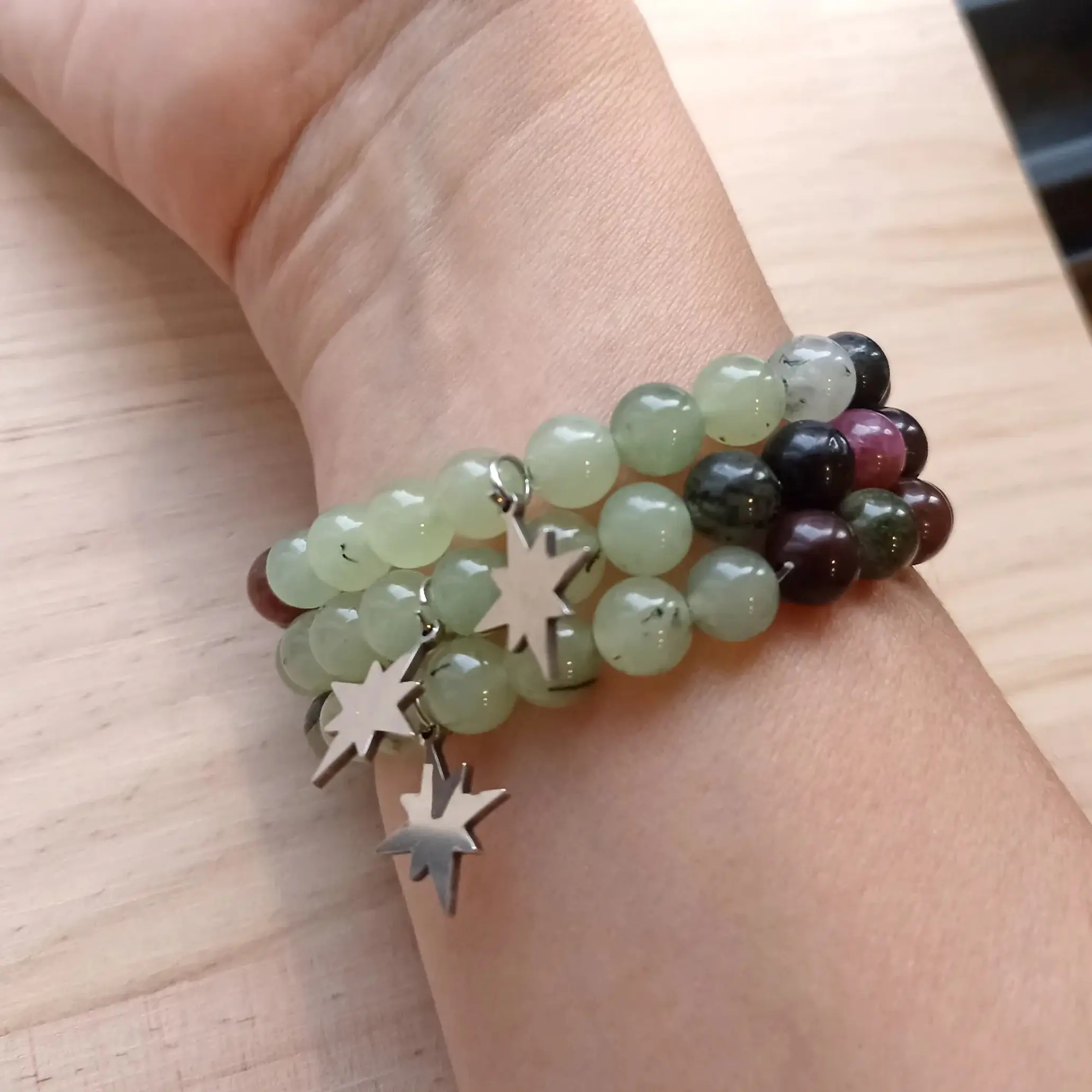Pulseira de Turmalina Melancia, Jade Natural Tibetana e Prehnite 3