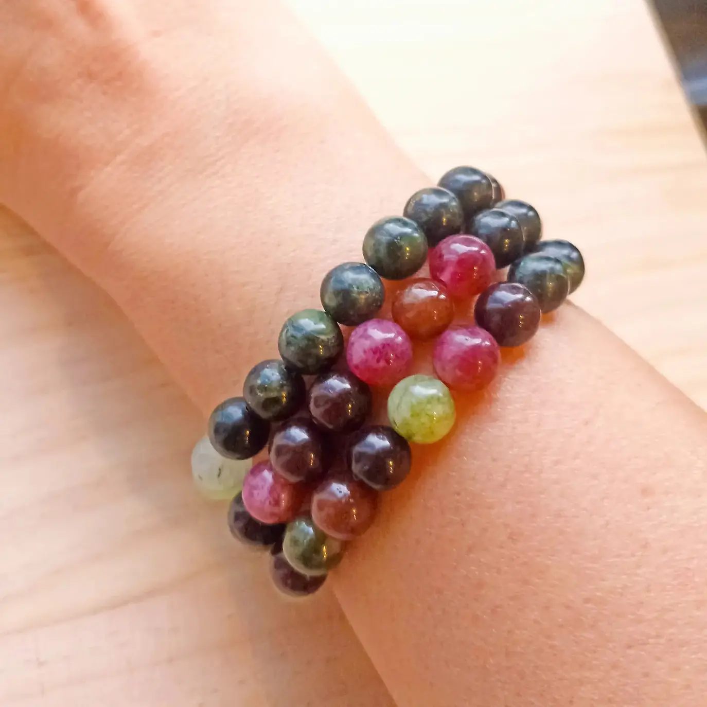 Pulseira de Turmalina Melancia, Jade Natural Tibetana e Prehnite 4