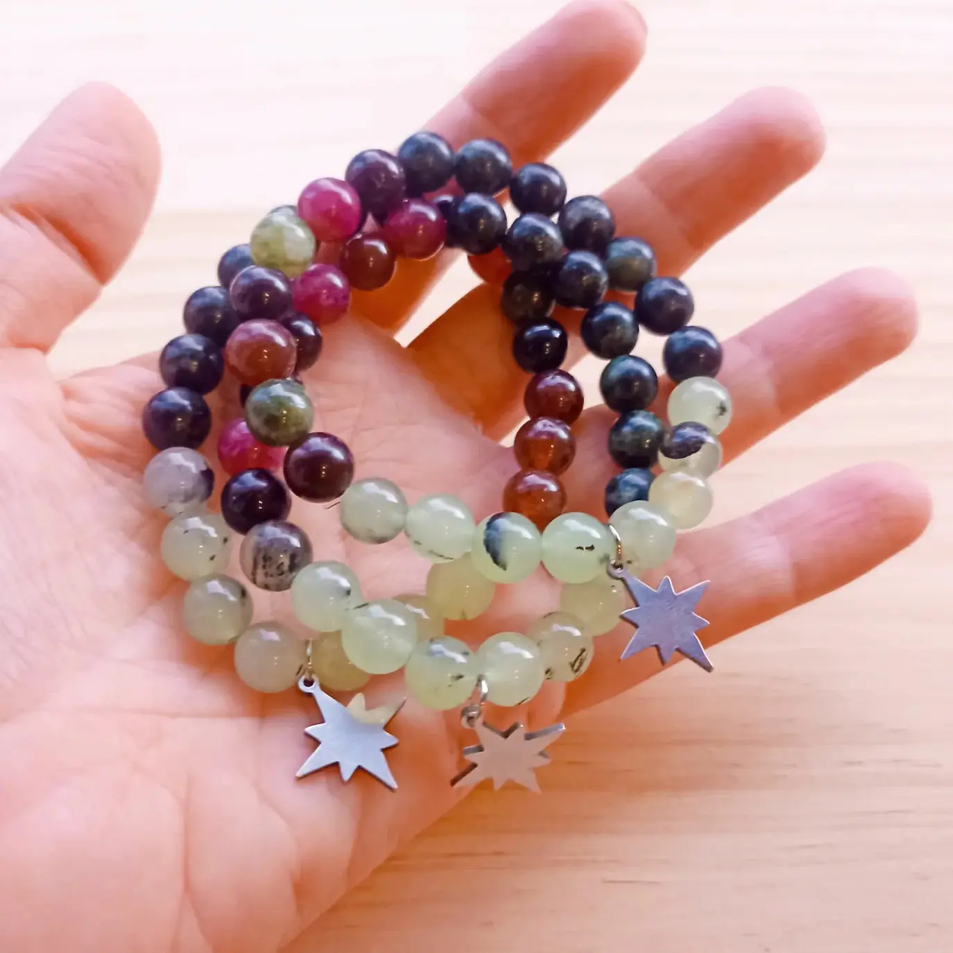 Pulseira de Turmalina Melancia, Jade Natural Tibetana e Prehnite 5