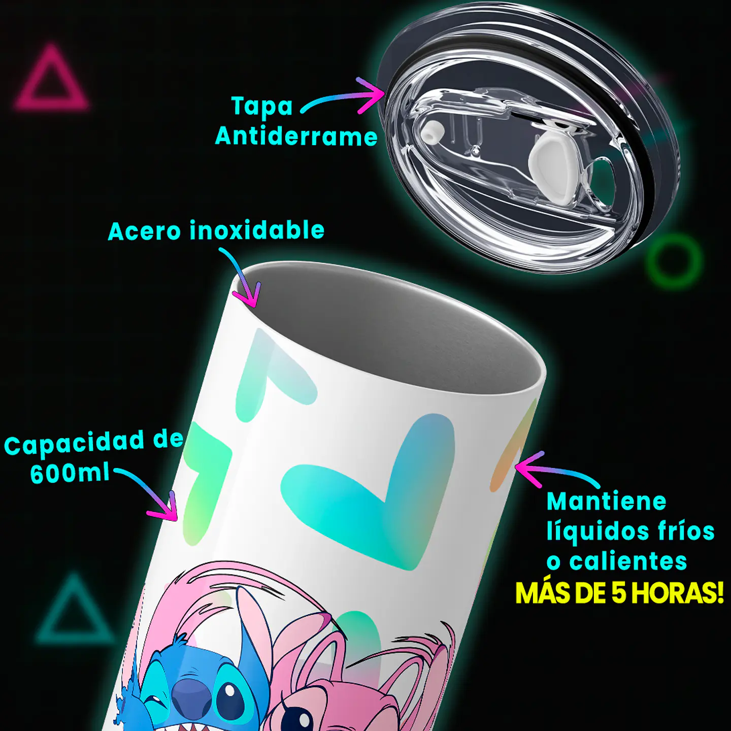 Vaso térmico 600ml - Diseño Stitch & Angel Heart Glow 3