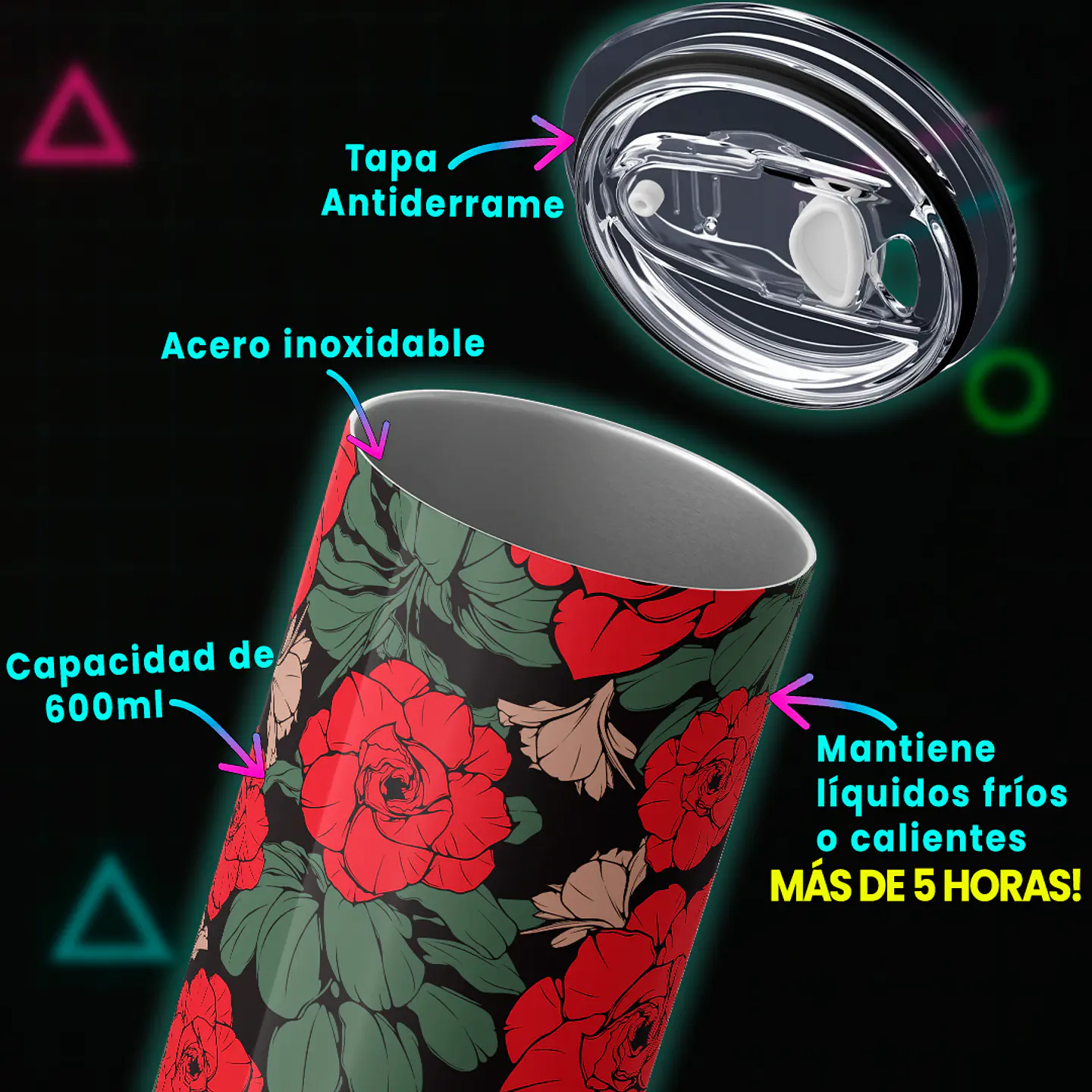 Vaso térmico 600ml - Diseño Dark Rose Pattern 3