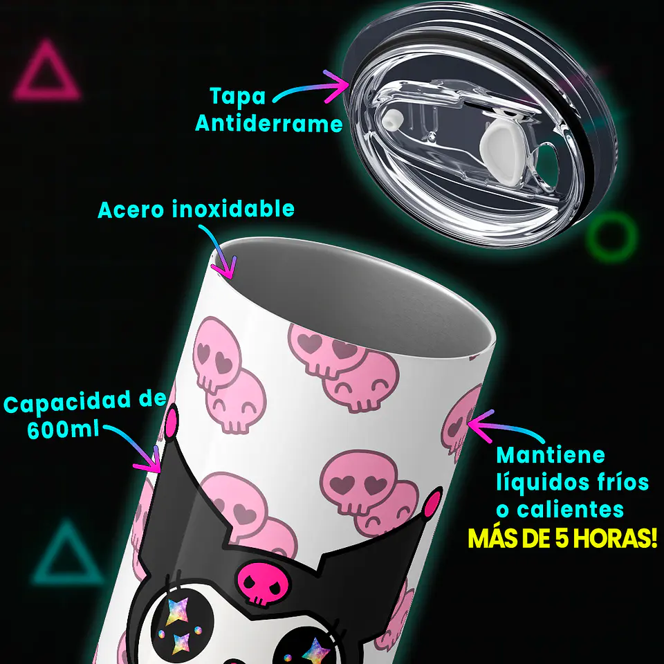 Vaso térmico 600ml - Diseño Kuromi Pink Starry Skulls 3