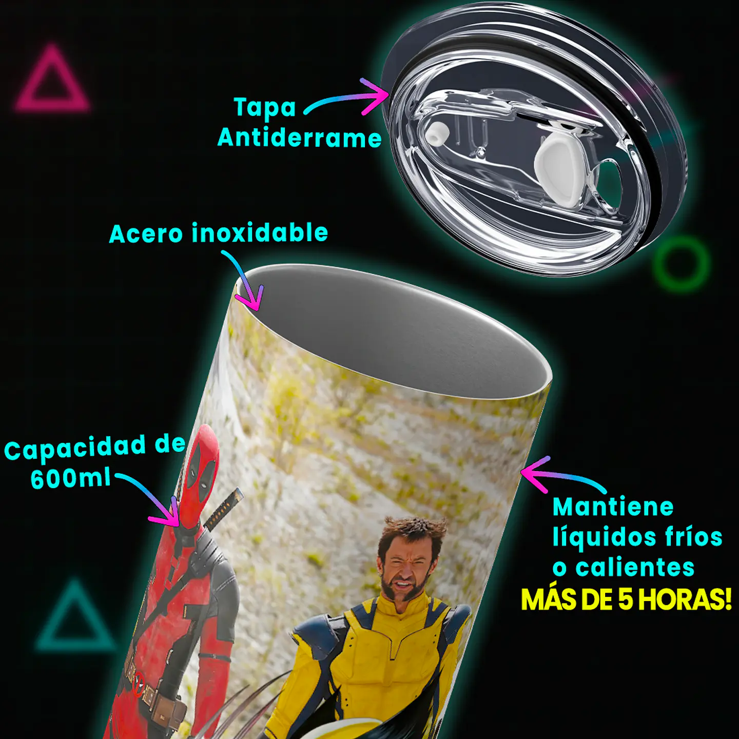 Vaso térmico 600ml - Diseño Deadpool & Wolverine Pop Art 3