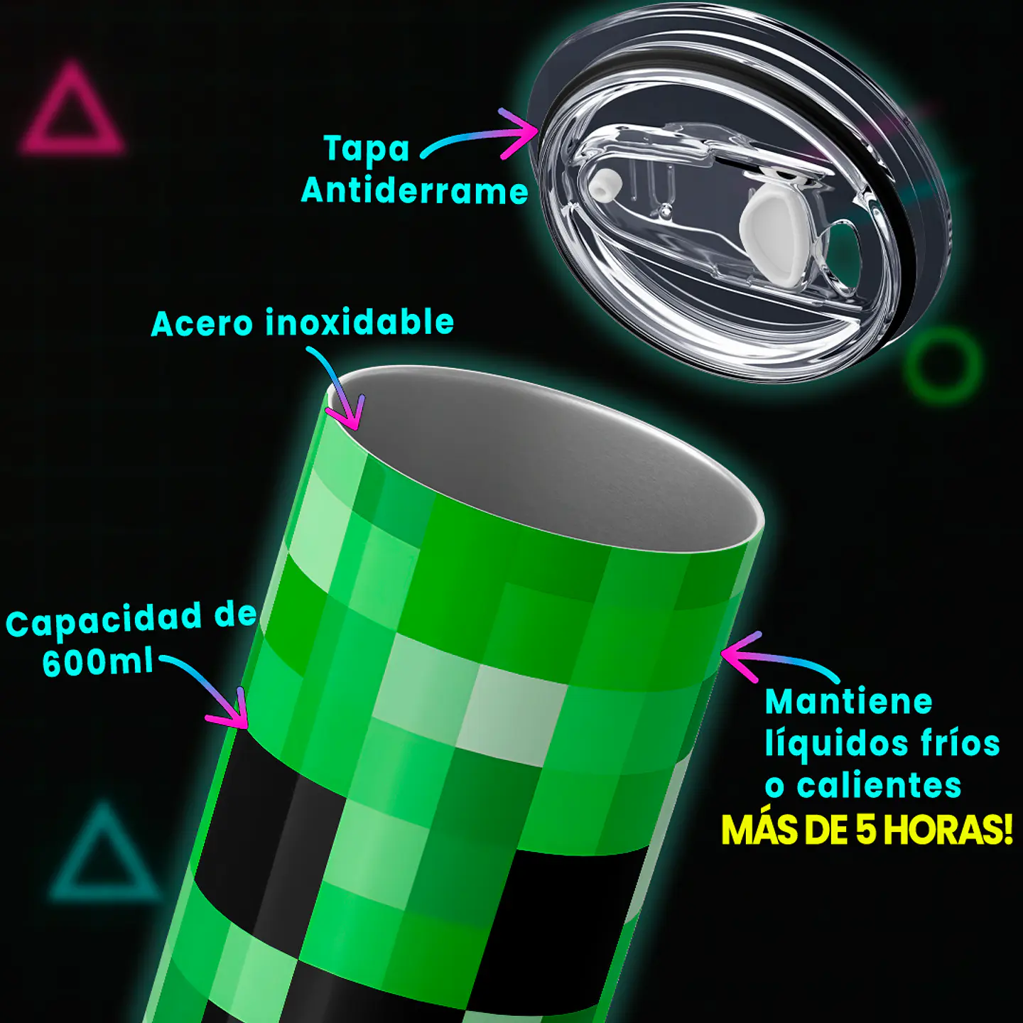 Vaso térmico 600ml - Diseño Creeper Pixel Face 3