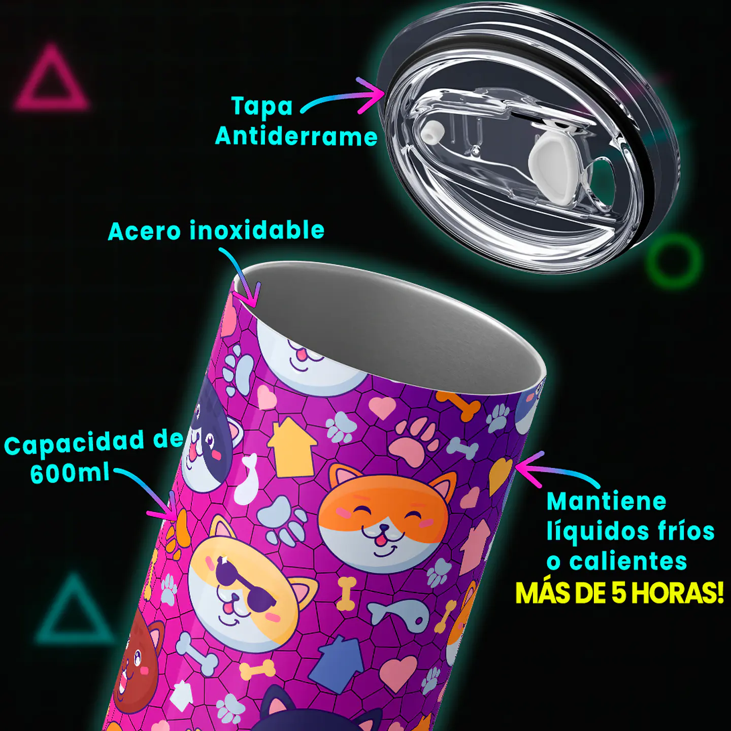 Vaso térmico 600ml - Diseño Kawaii Cats Pattern 3