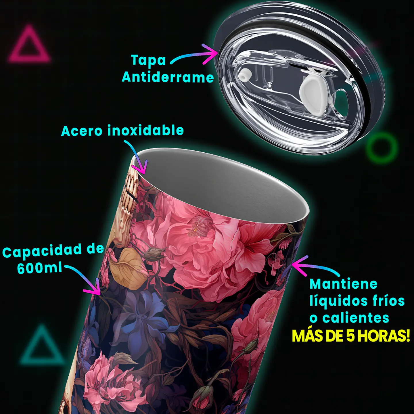 Vaso térmico 600ml - Diseño Skull & Peony Dark Bloom 3