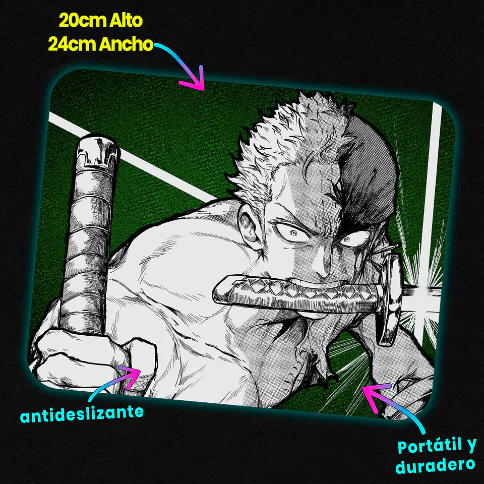 Mousepad 20x24 cm - Diseño Zoro Roronoa Santoryu Strike 2