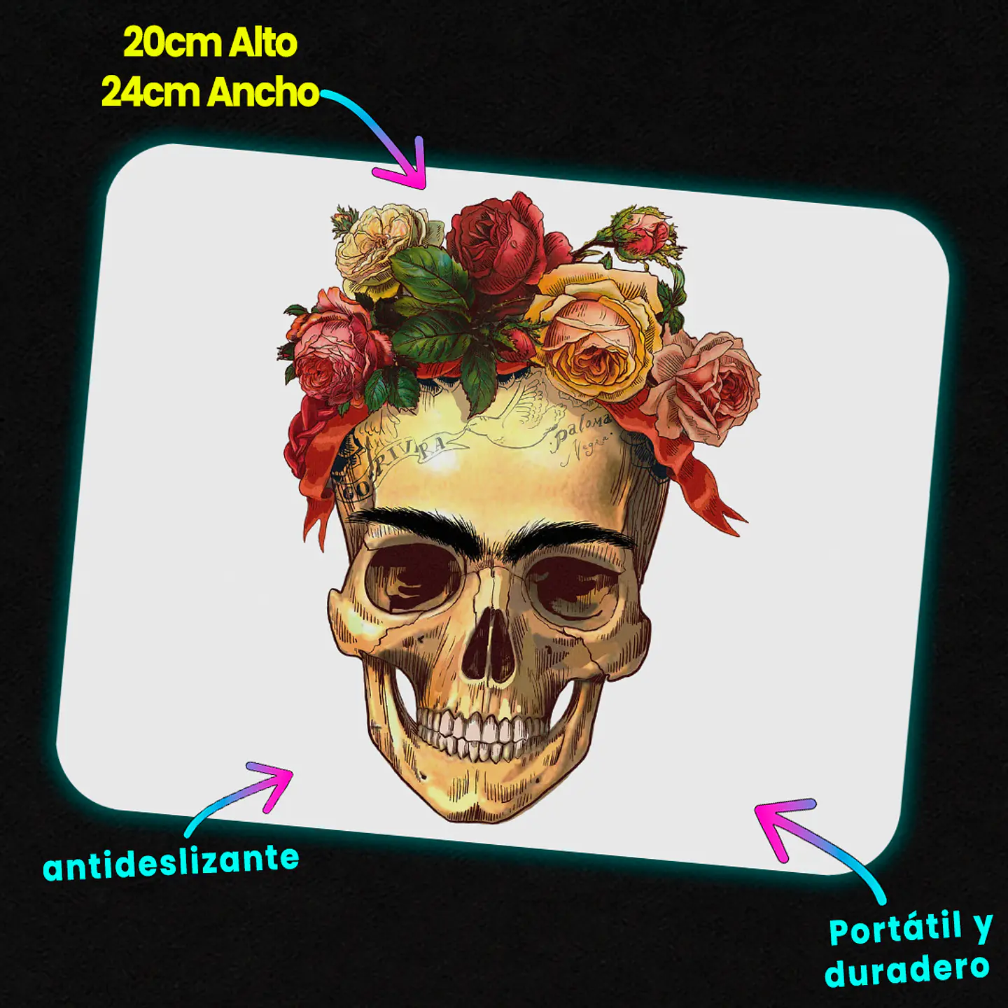 Mousepad 20x24 cm - Diseño Calavera Frida Eternal Roses 2