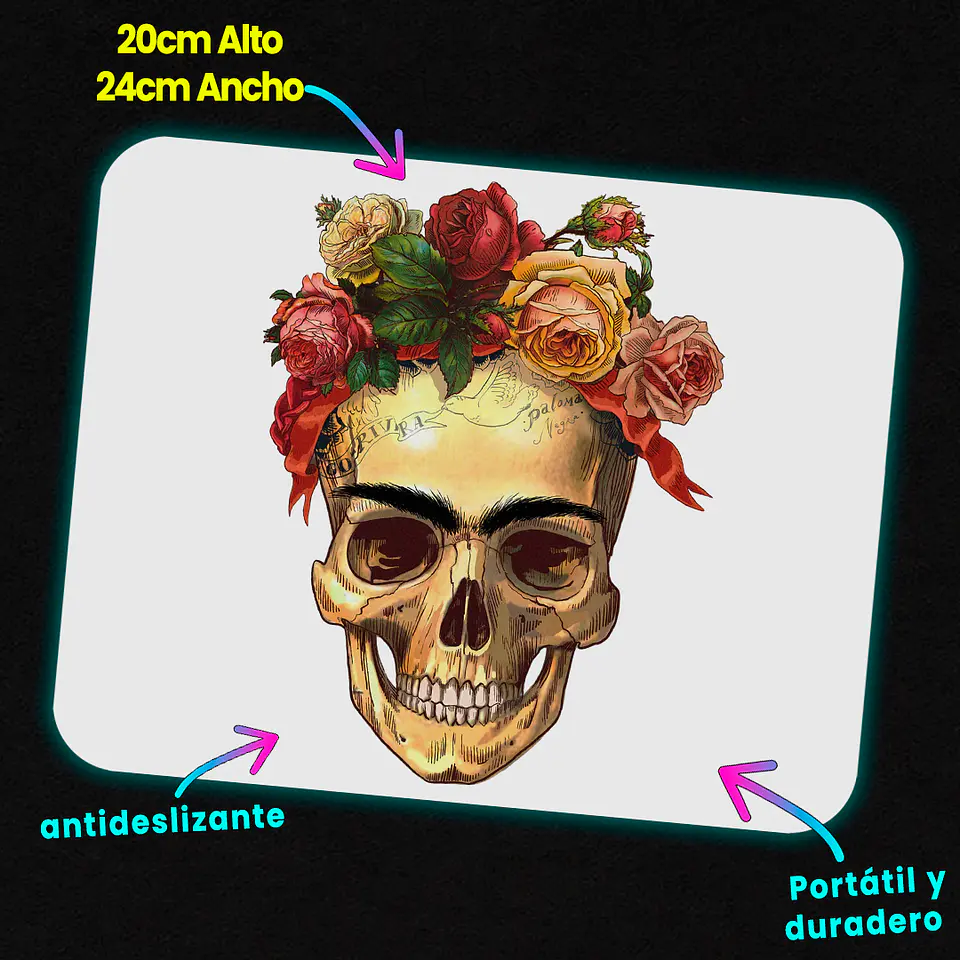 Mousepad 20x24 cm - Diseño Calavera Frida Eternal Roses 2
