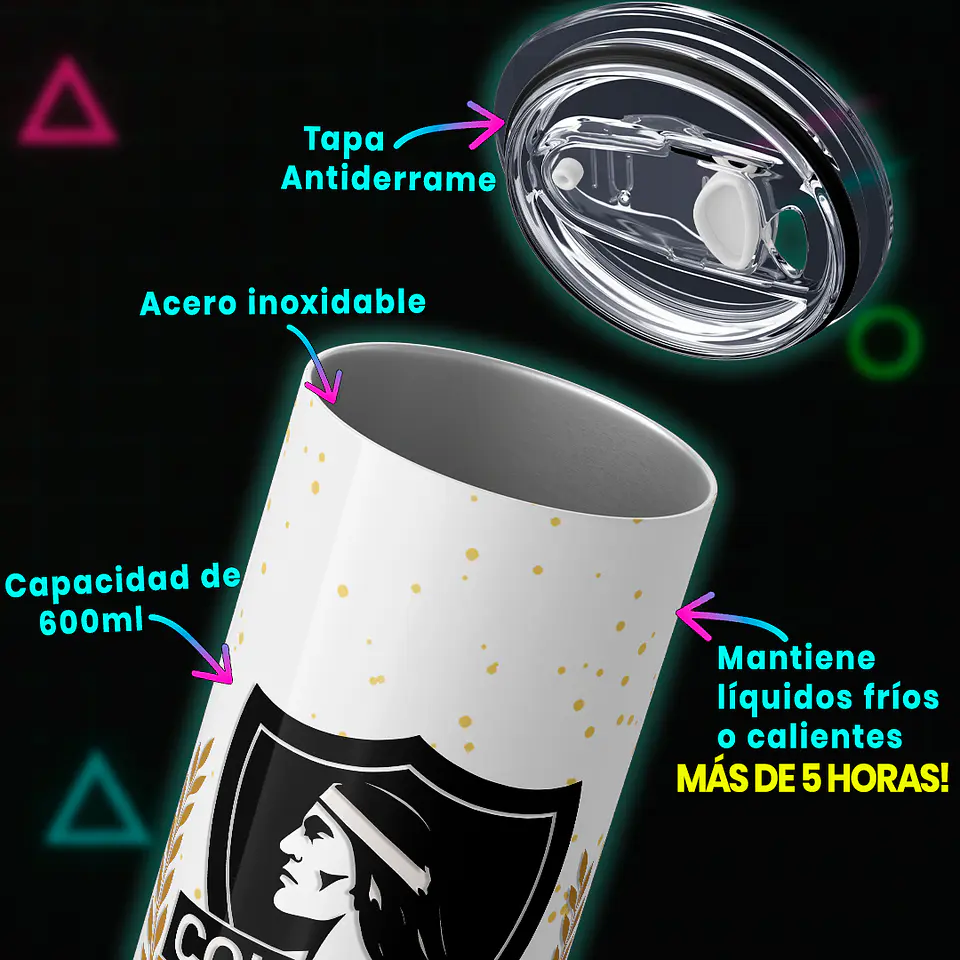 Mug Termo 600ml - Colo Colo 100 Años de Gloria Blanco Dorado 3