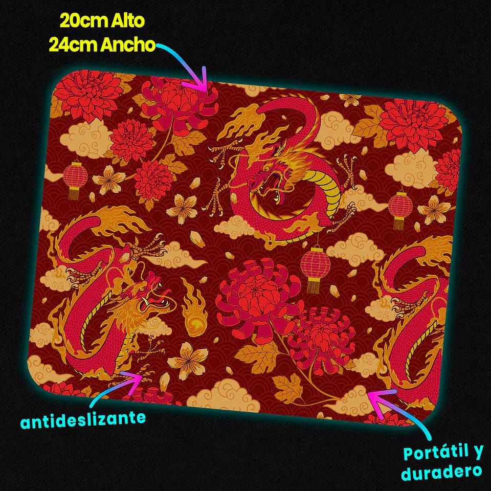 Mousepad 20x24 cm - Diseño Dragón Oriental Rojo 3