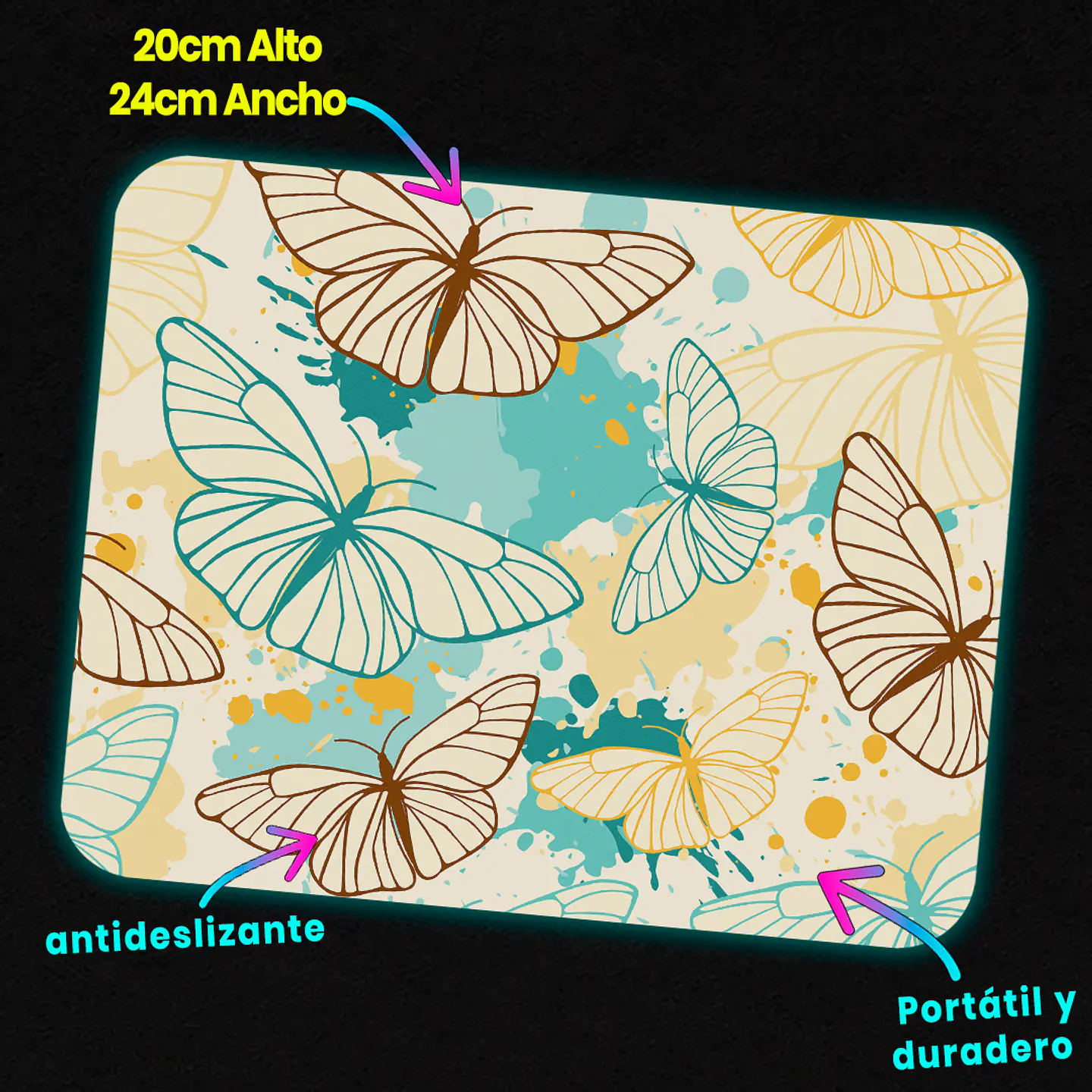 Mousepad 20x24 cm - Diseño Mariposas Acuarela Turquesa 3