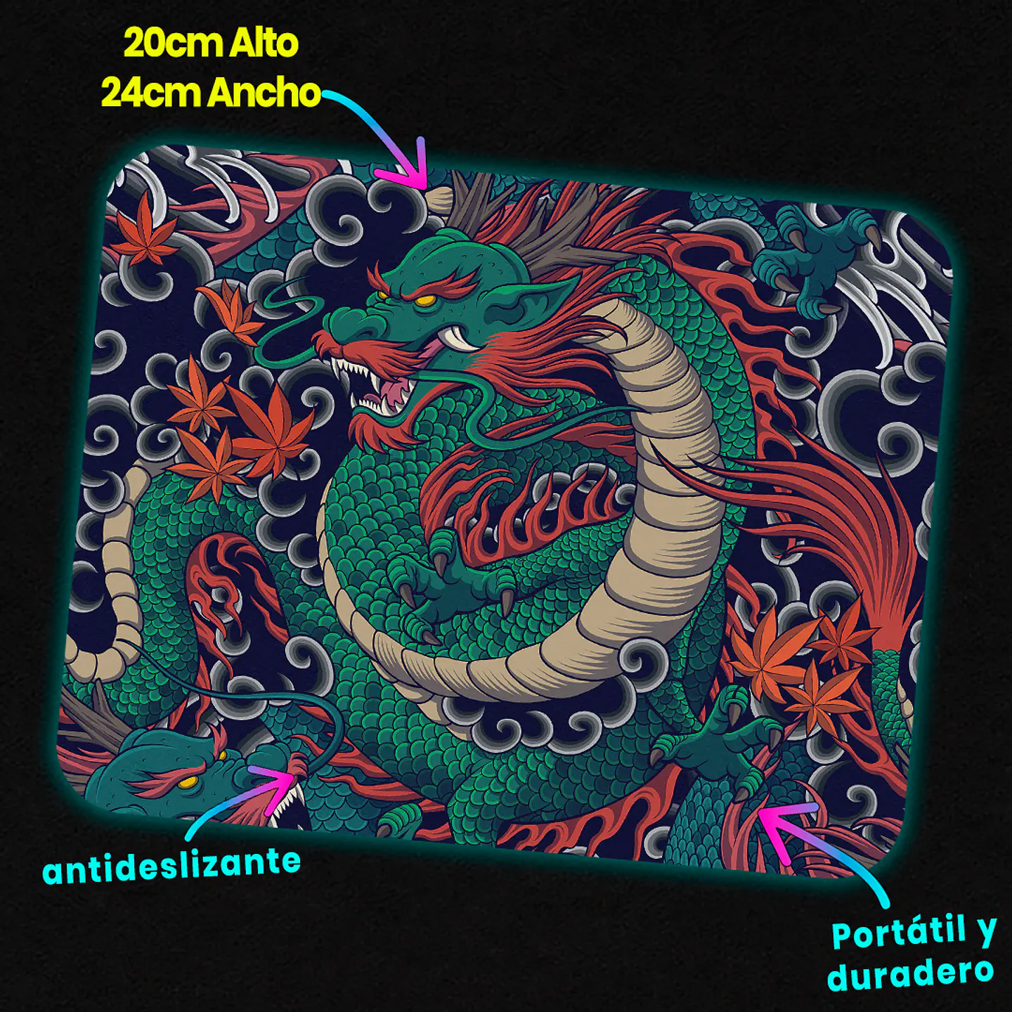 Mousepad 20x24 cm - Diseño Dragón Japonés Verde 3