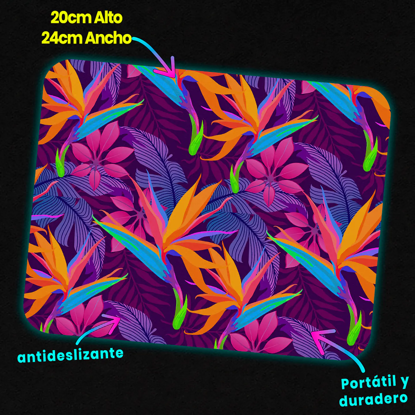 Mousepad 20x24 cm - Diseño Flores Tropicales Neón 3