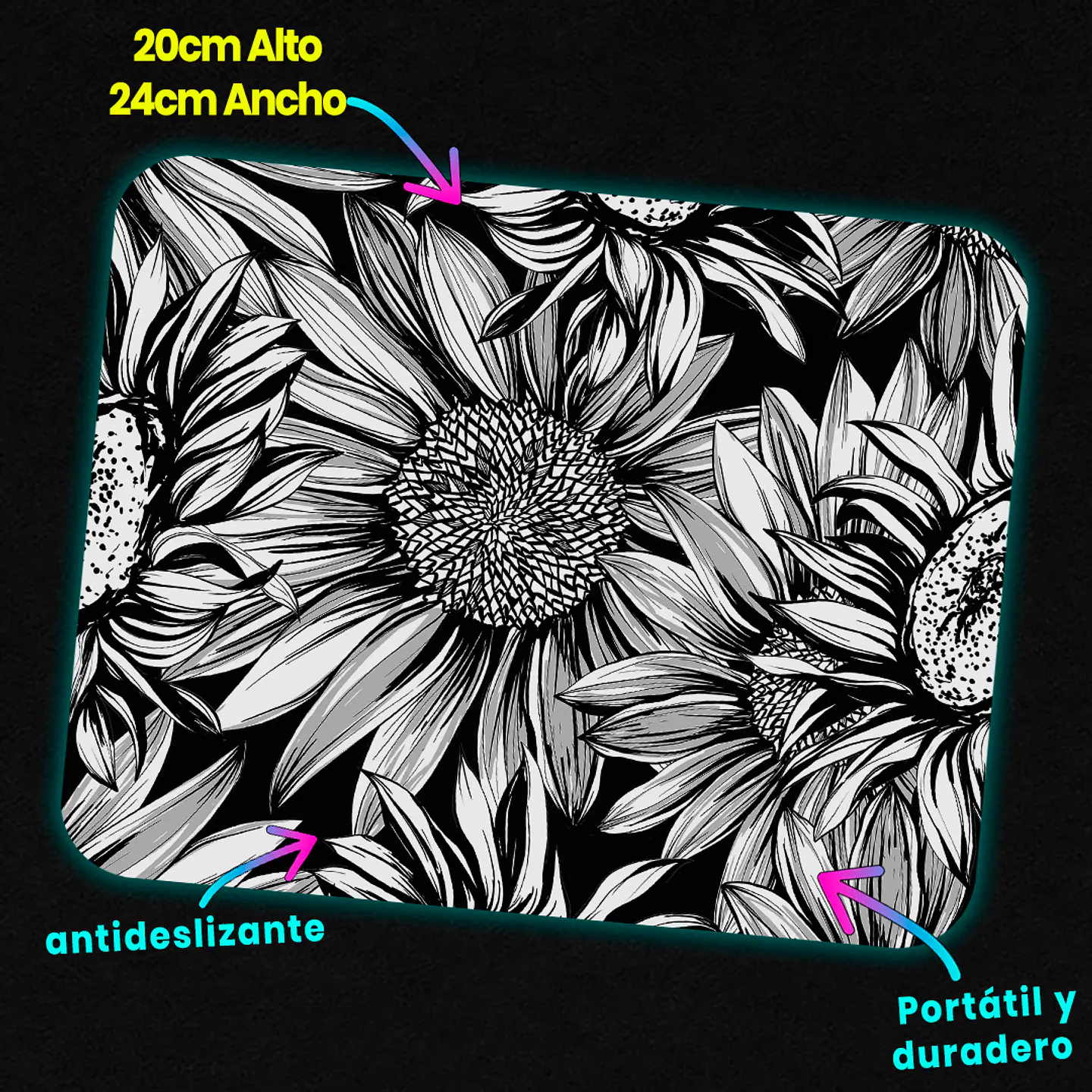 Mousepad 20x24 cm - Diseño Girasoles Monocromo 3