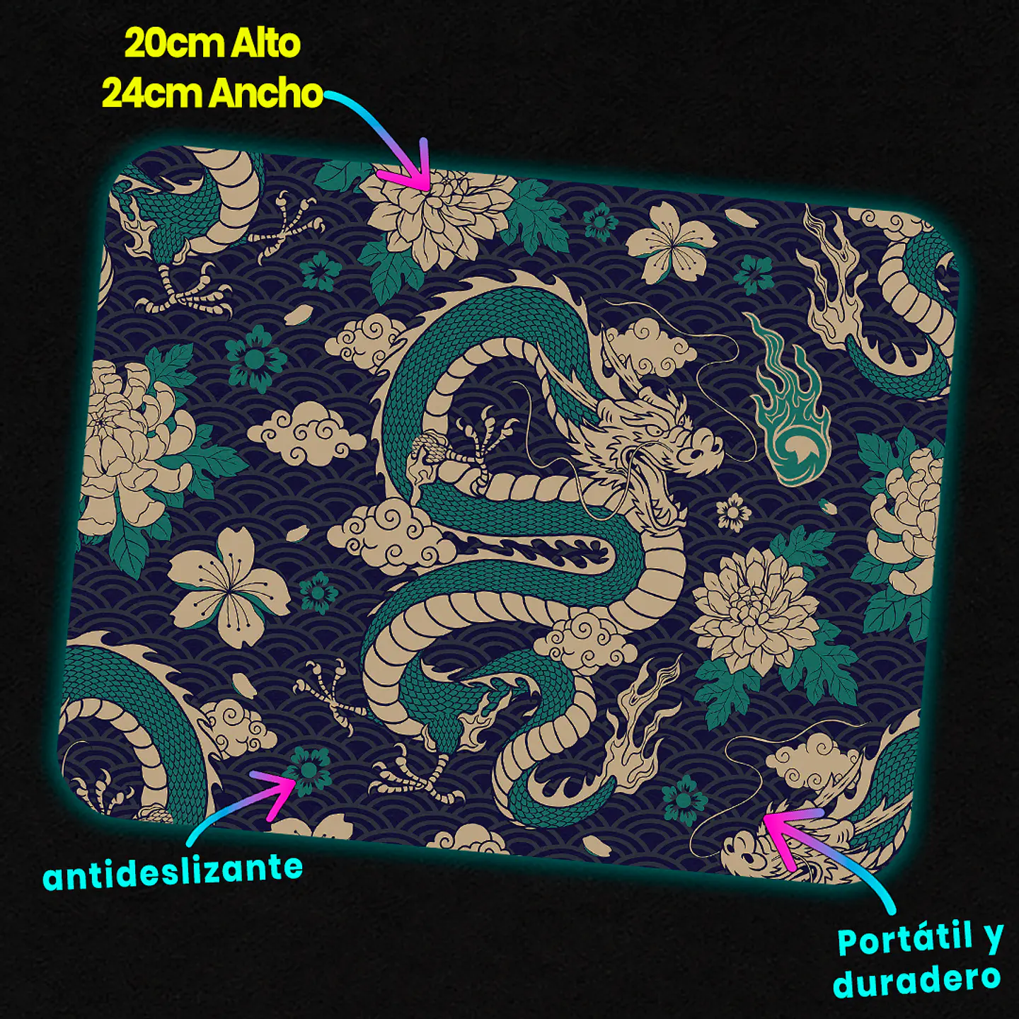 Mousepad 20x24 cm - Diseño Dragón Oriental Turquesa 3
