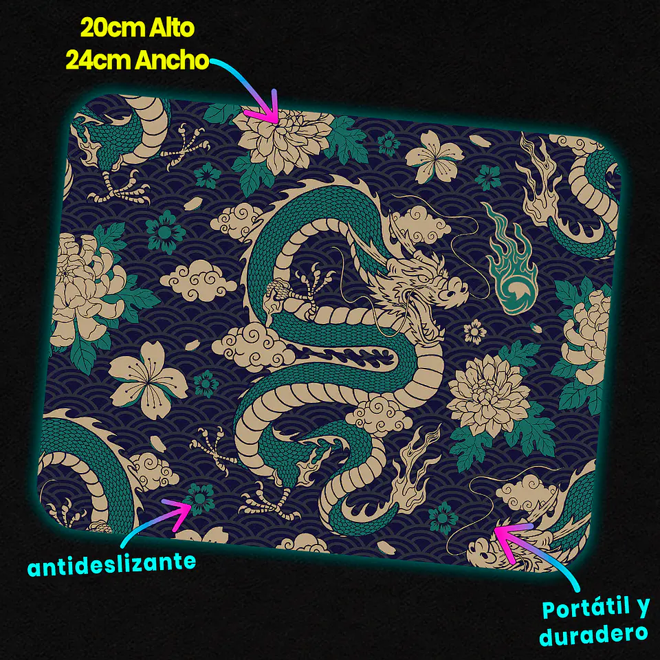 Mousepad 20x24 cm - Diseño Dragón Oriental Turquesa 3