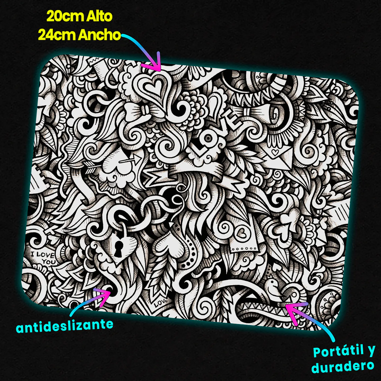 Mousepad 20x24 cm - Diseño Doodle Love Monocromo 3