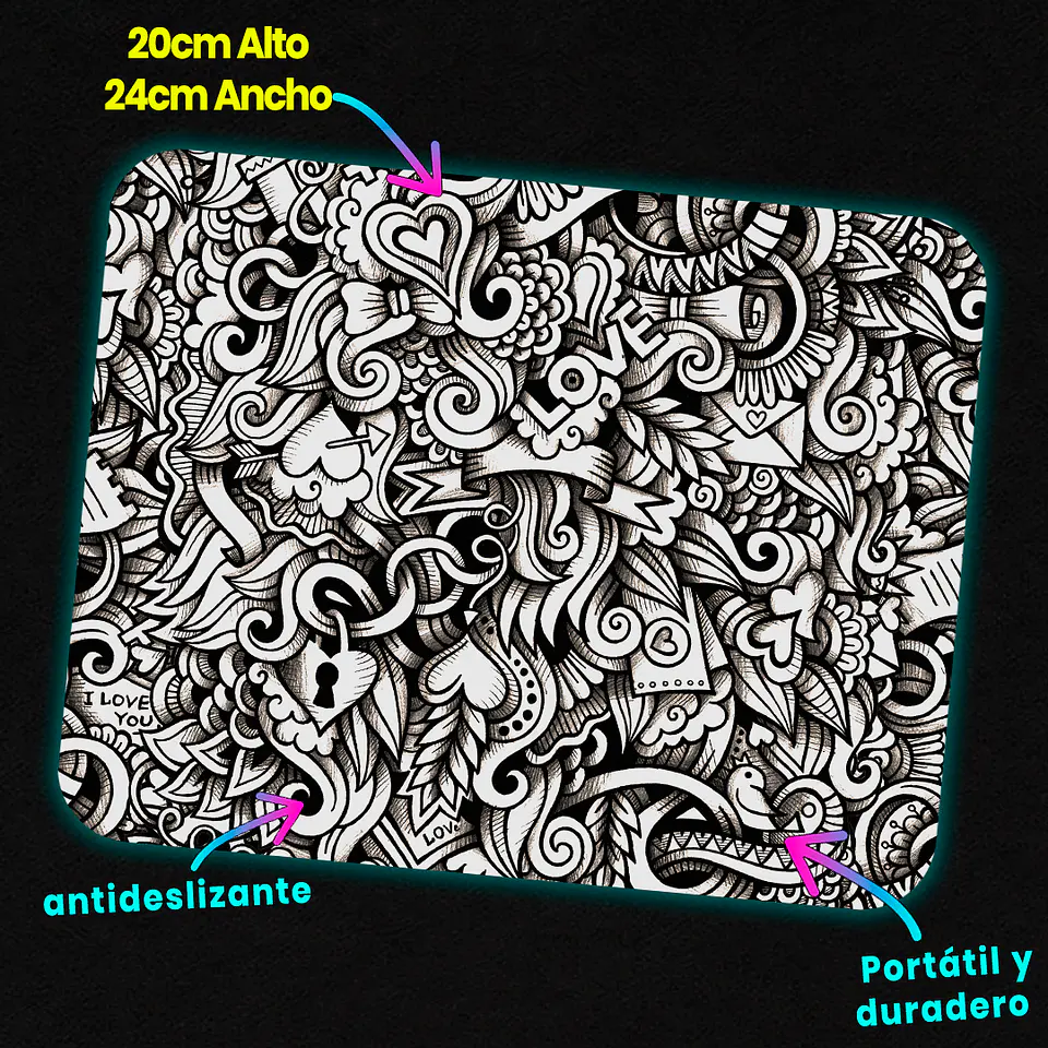 Mousepad 20x24 cm - Diseño Doodle Love Monocromo 3