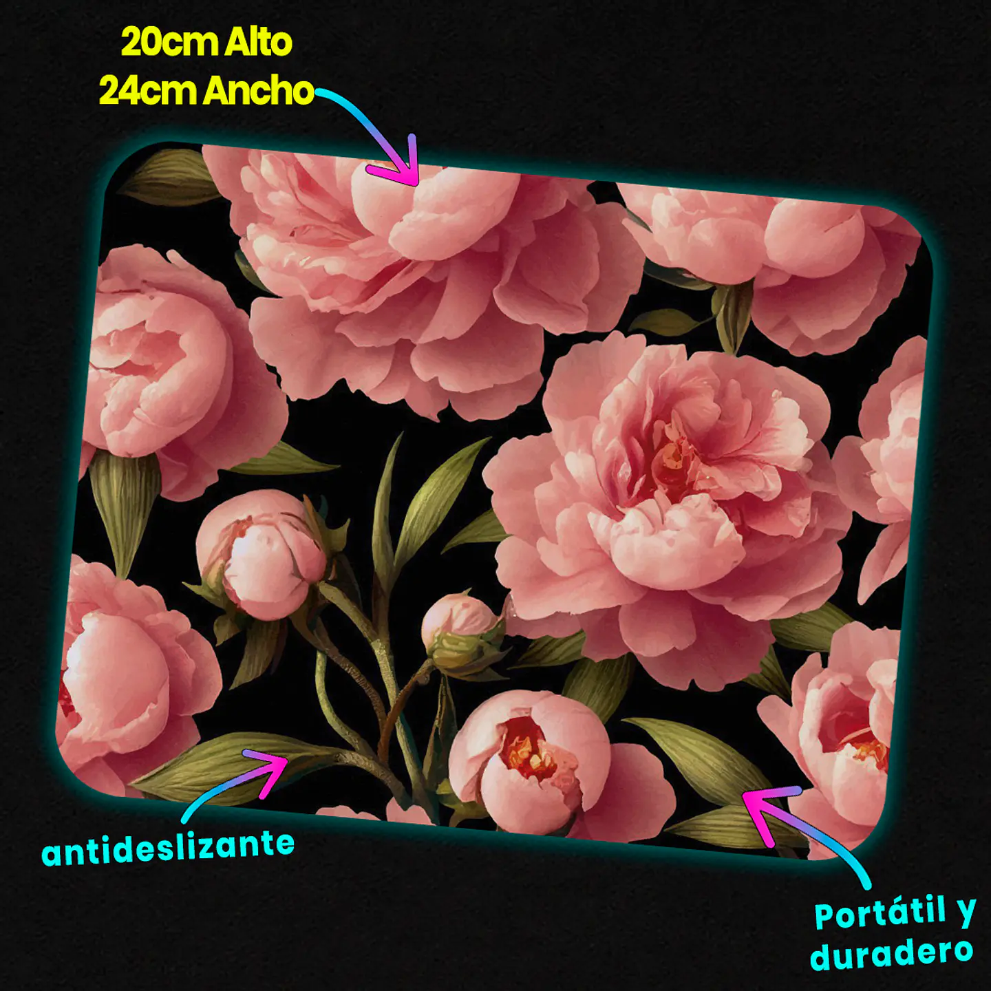 Mousepad 20x24 cm - Diseño Peonías Rosadas Dark 3
