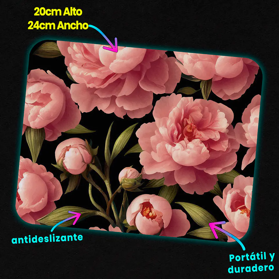 Mousepad 20x24 cm - Diseño Peonías Rosadas Dark 3