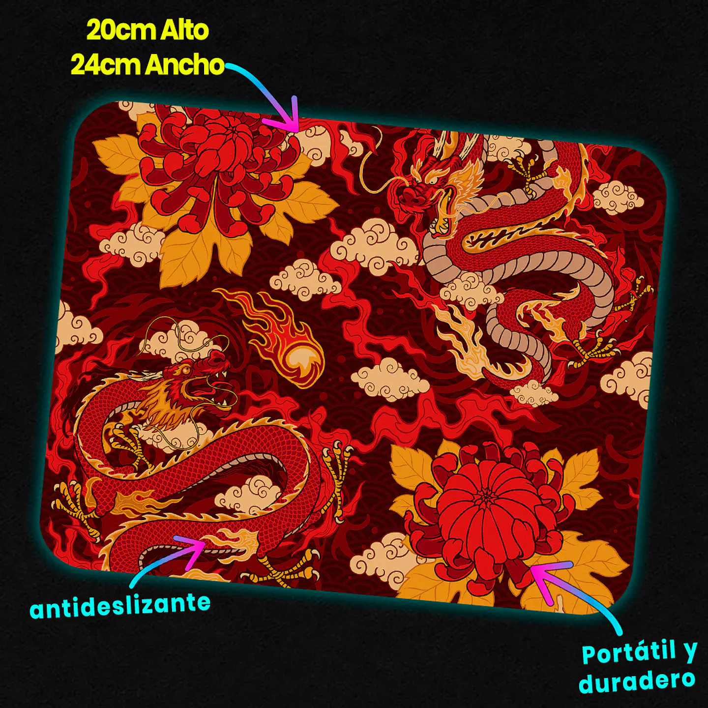 Mousepad 20x24 cm - Diseño Dragones Rojos Orientales 3
