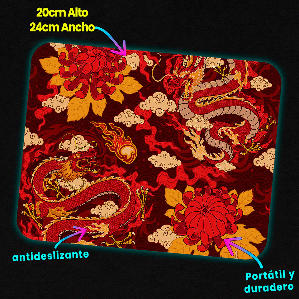 Mousepad 20x24 cm - Diseño Dragones Rojos Orientales 3