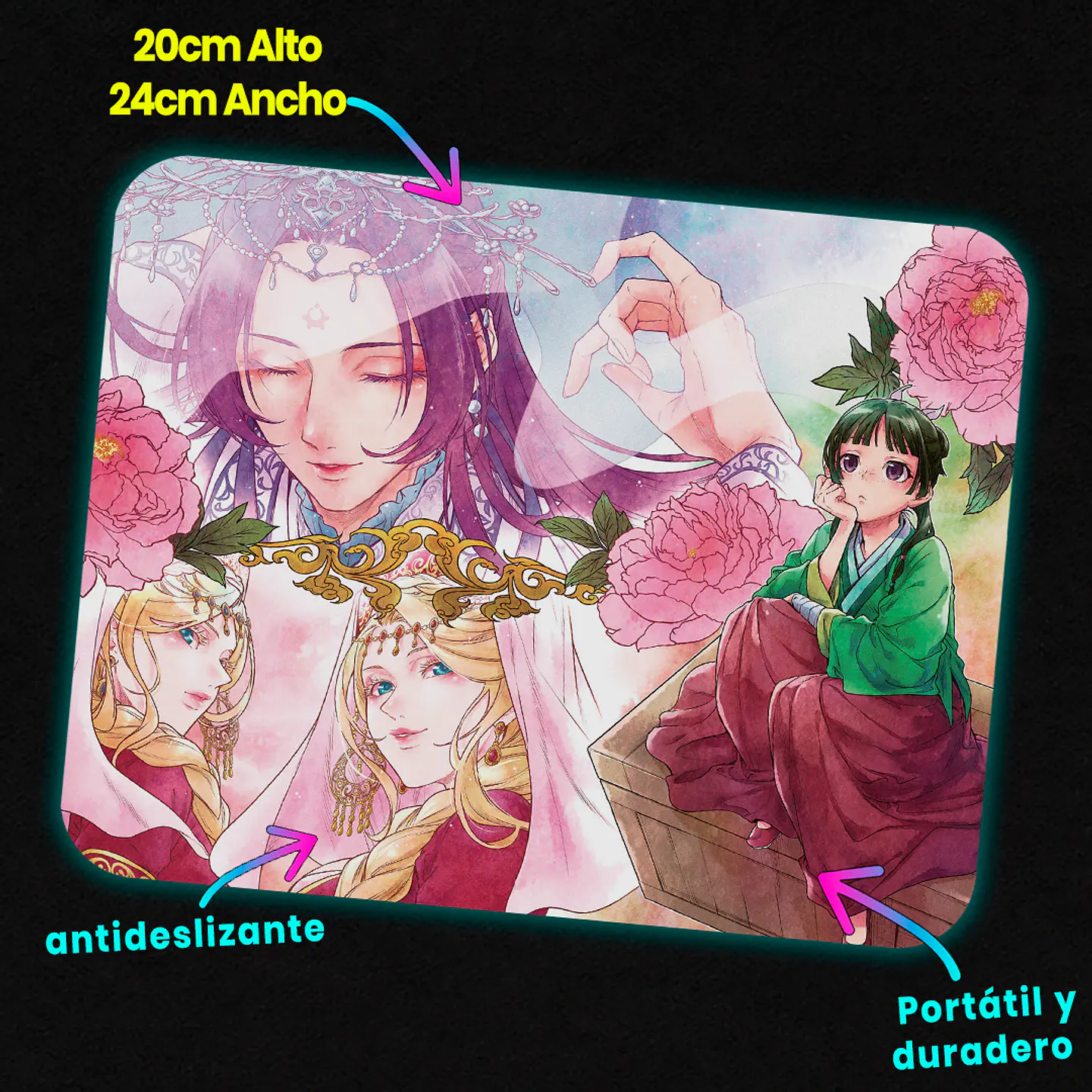 Mousepad 20x24 cm - Diseño Maomao y Jinshi Flores Rosadas 3
