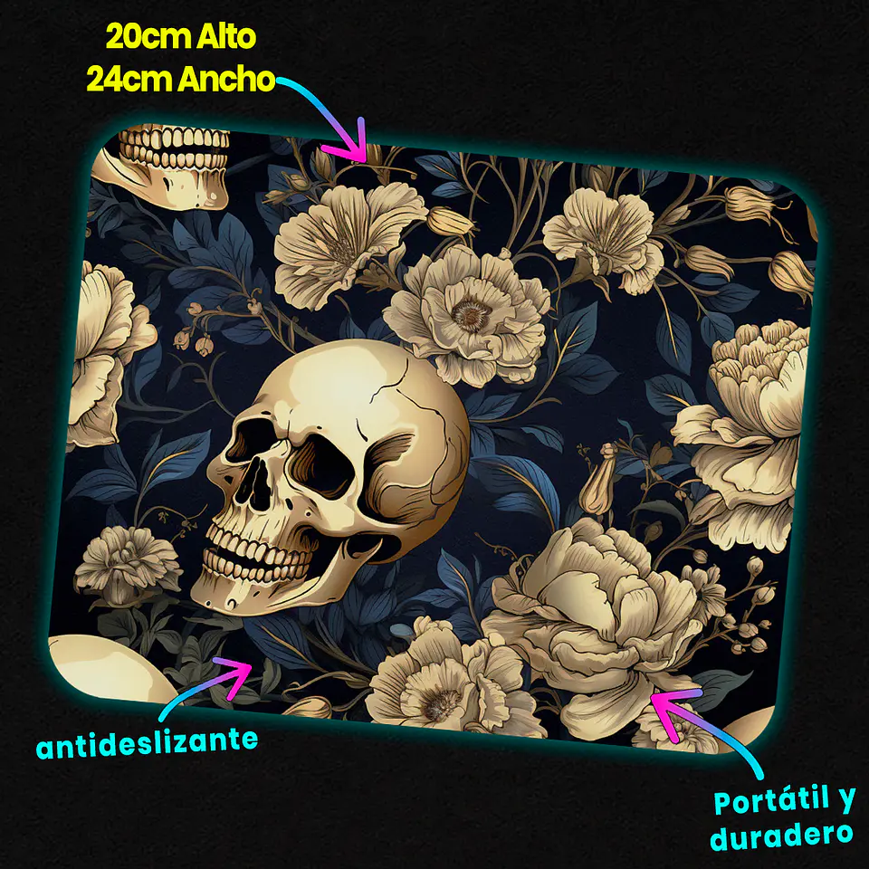 Mousepad 20x24 cm - Diseño Calavera Gótica con Flores Crema 3