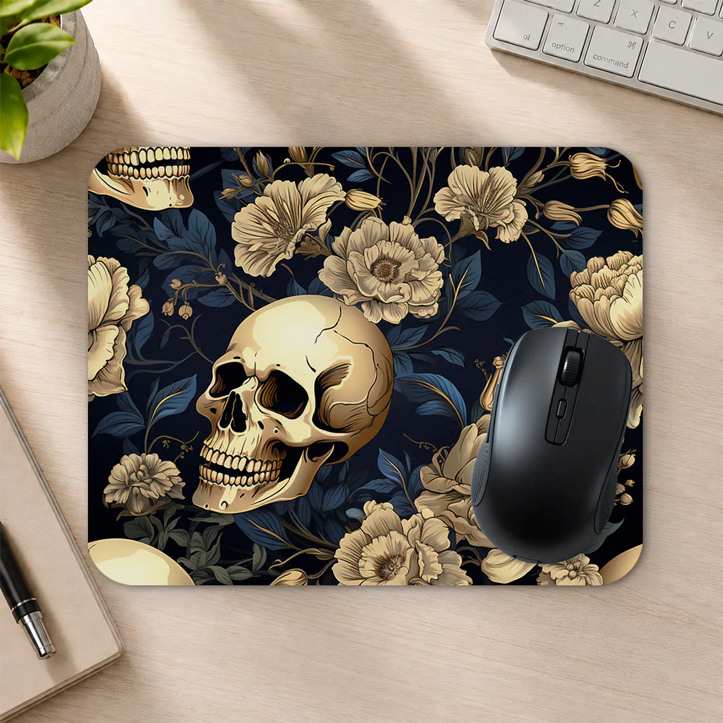 Mousepad 20x24 cm - Diseño Calavera Gótica con Flores Crema 2