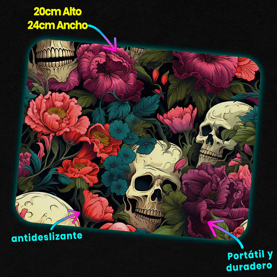 Mousepad 20x24 cm - Diseño Calaveras con Flores Rojas y Moradas 3