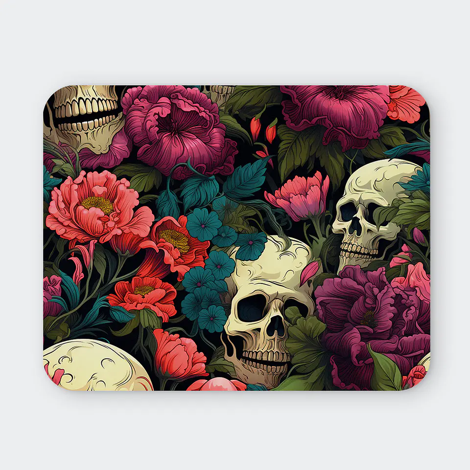 Mousepad 20x24 cm - Diseño Calaveras con Flores Rojas y Moradas 1