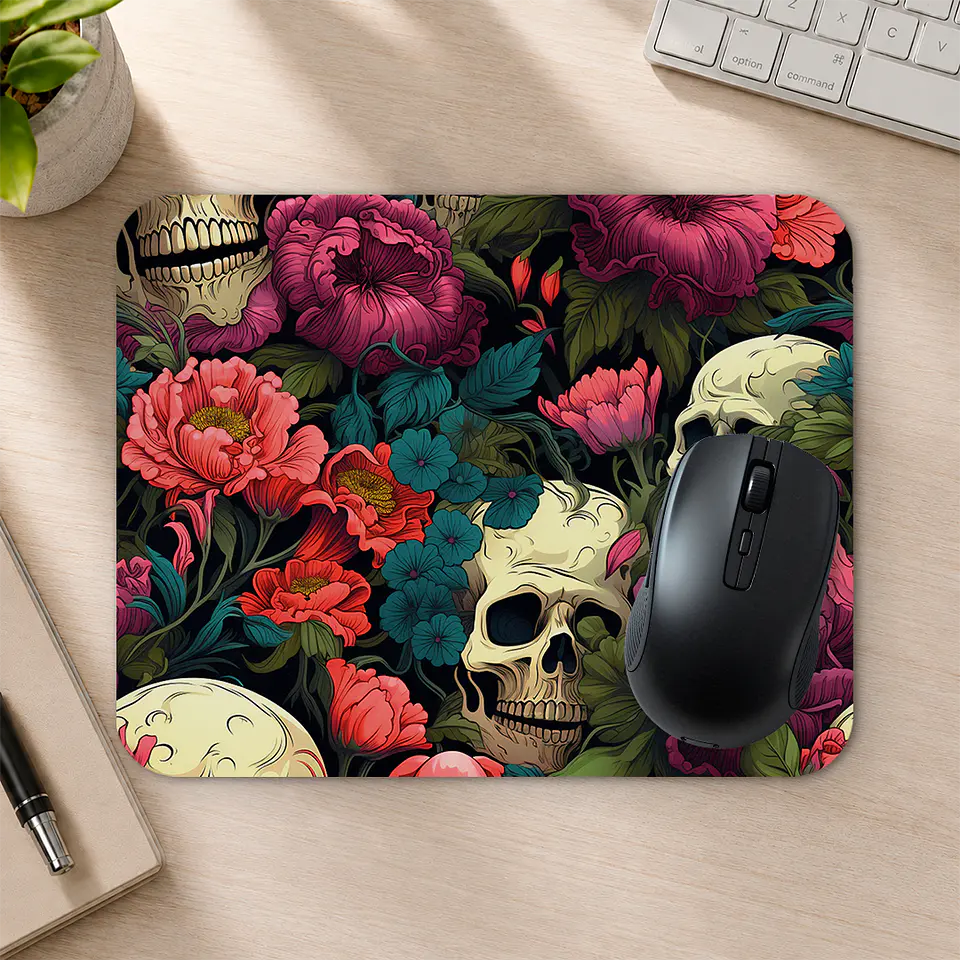 Mousepad 20x24 cm - Diseño Calaveras con Flores Rojas y Moradas 2