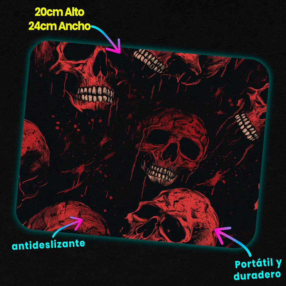Mousepad 20x24 cm - Diseño Calaveras Rojas sobre Fondo Negro 3